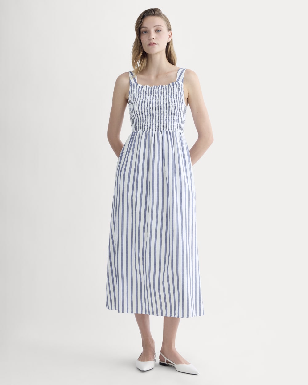 The Gauze Smock Dress | White / Mazarine Blue Everlane The Gauze Smock Dress | White / Mazarine Blue Everlane