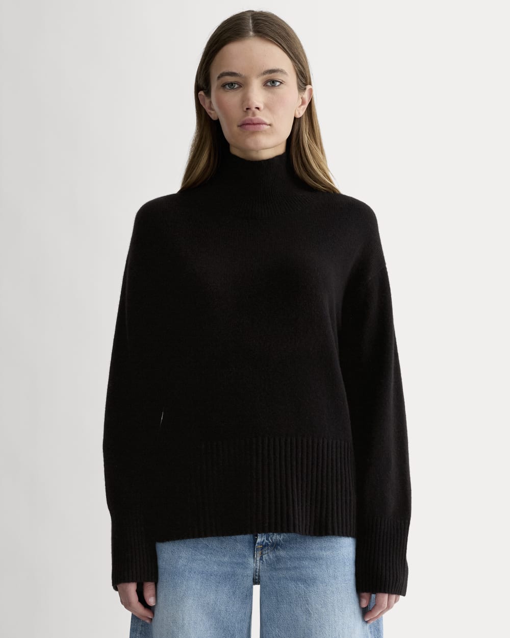 SANGTREE Women's Turtleneck Sweater - Stretchy Rib Knit Cashmere-Like Pullover (Black, Medium)