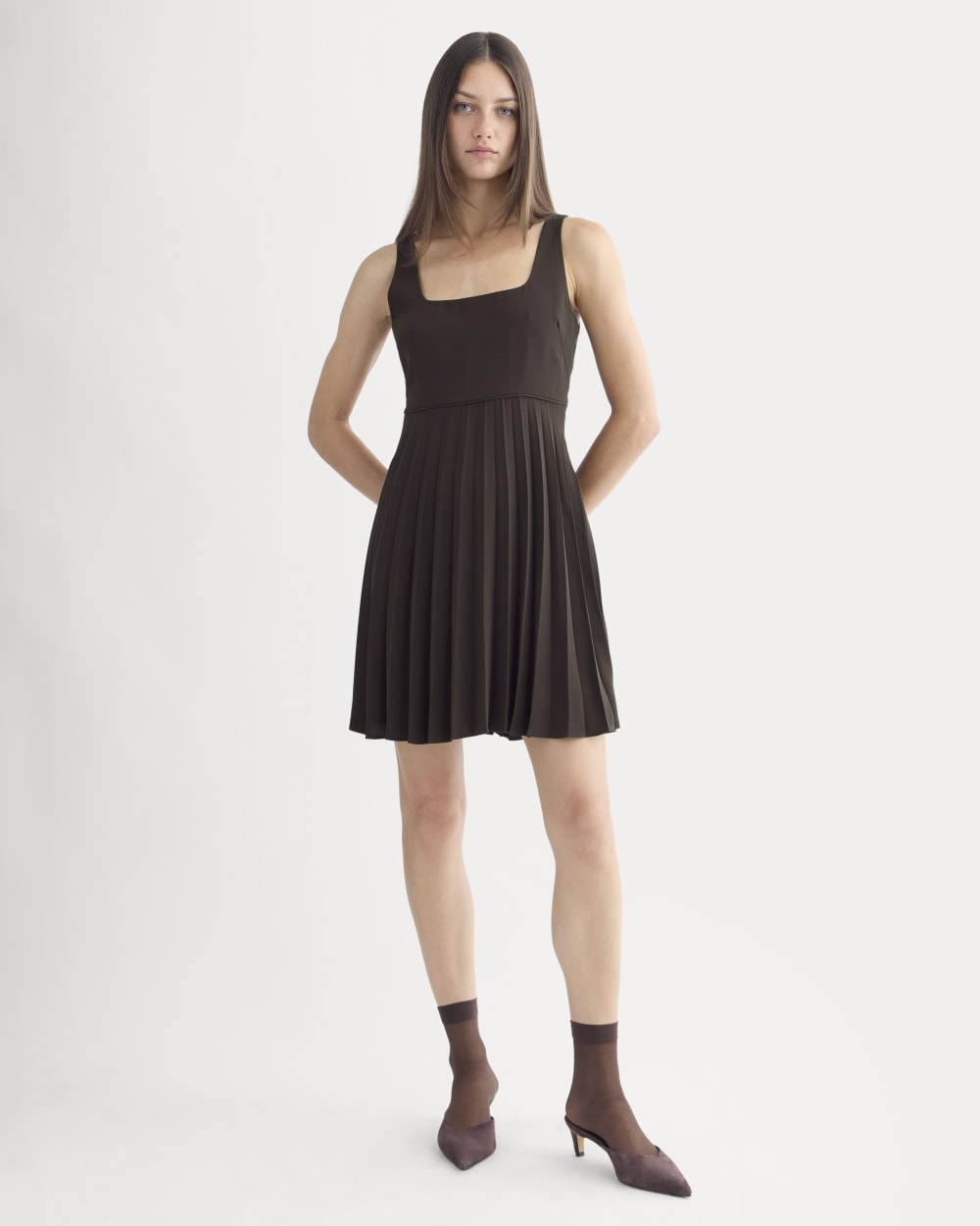 womens-drapey-crepe-mini-dress-dark-chocolate | primary