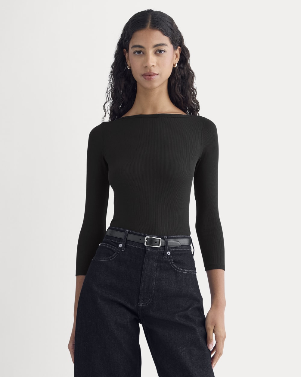womens-luxe-rib-3-4-sleeve-boatneck-tee-black | primary