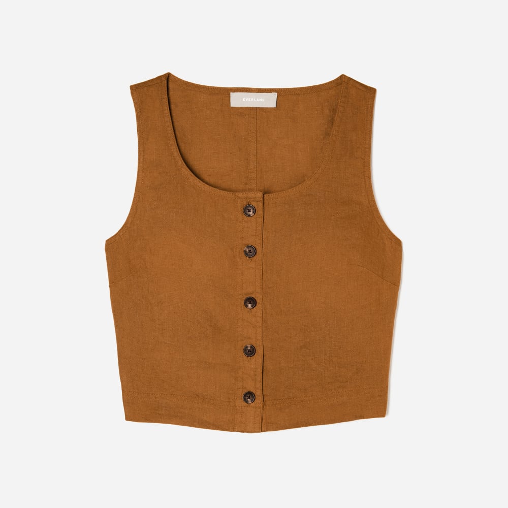The Linen Button-Front Crop Tank | Tawny Brown – Everlane