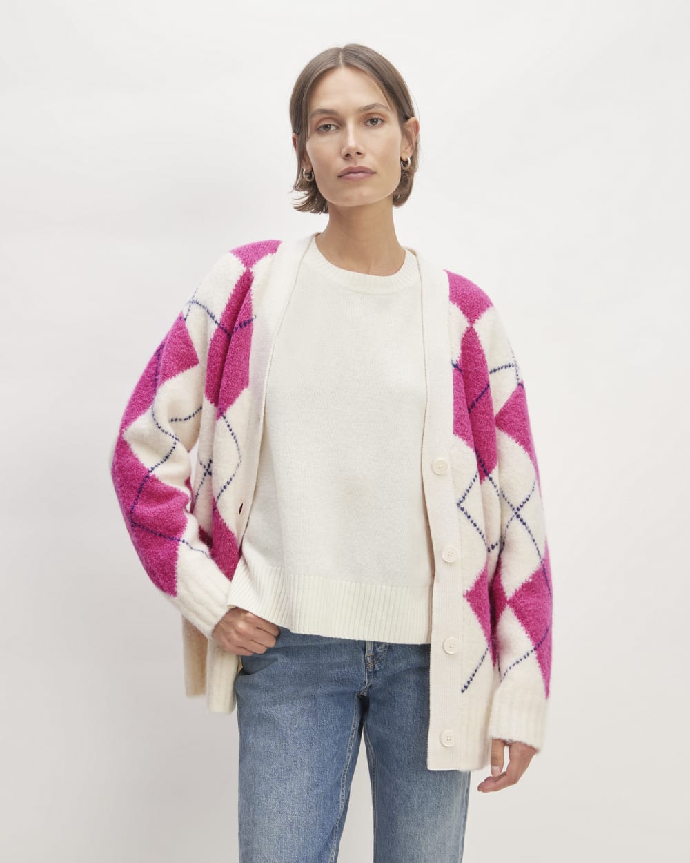 The SuperFuzz Alpaca Cardigan | Bone / Fuchsia Pink / Ocean