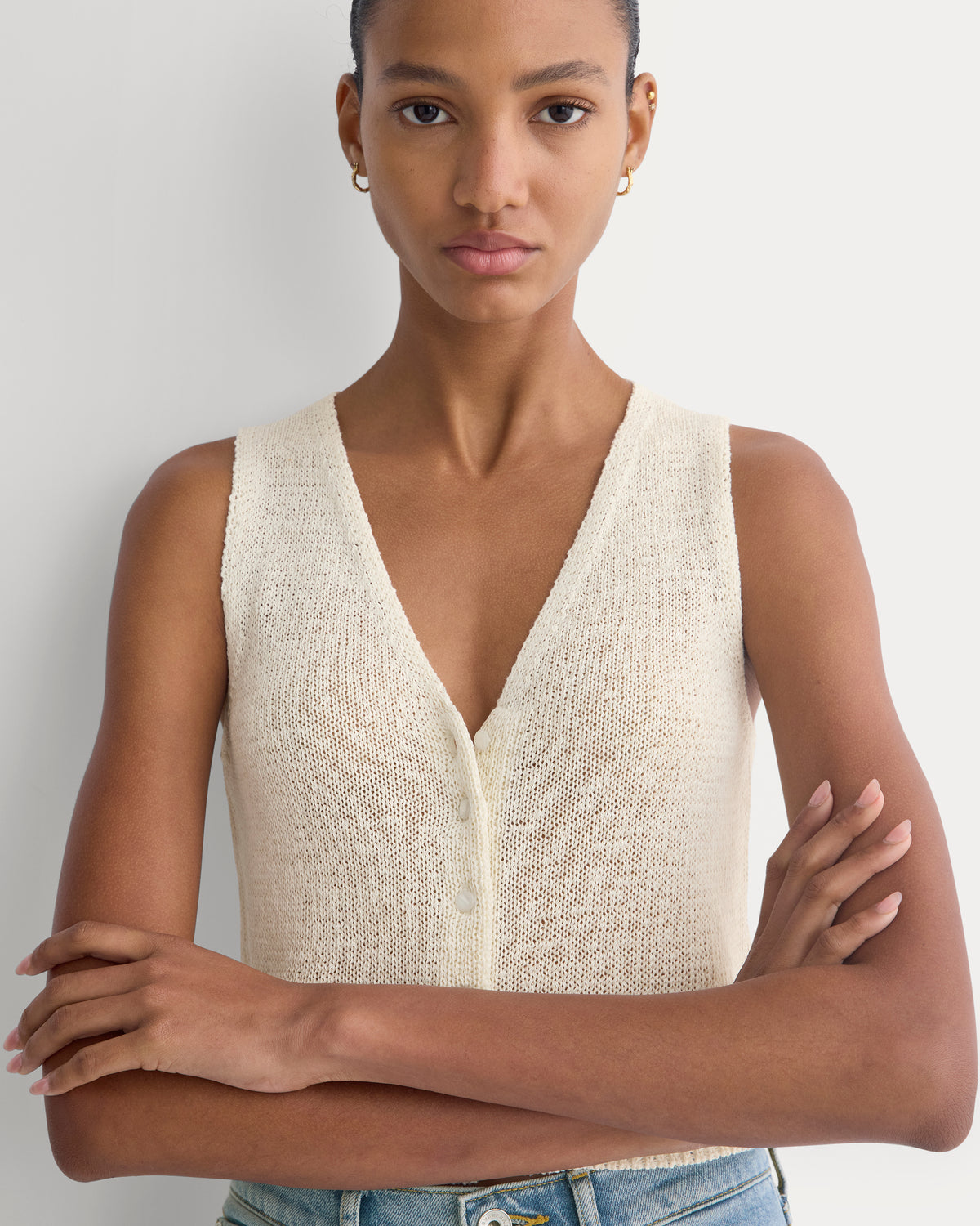 Button-Front Tank in Tape Yarn | Bone
