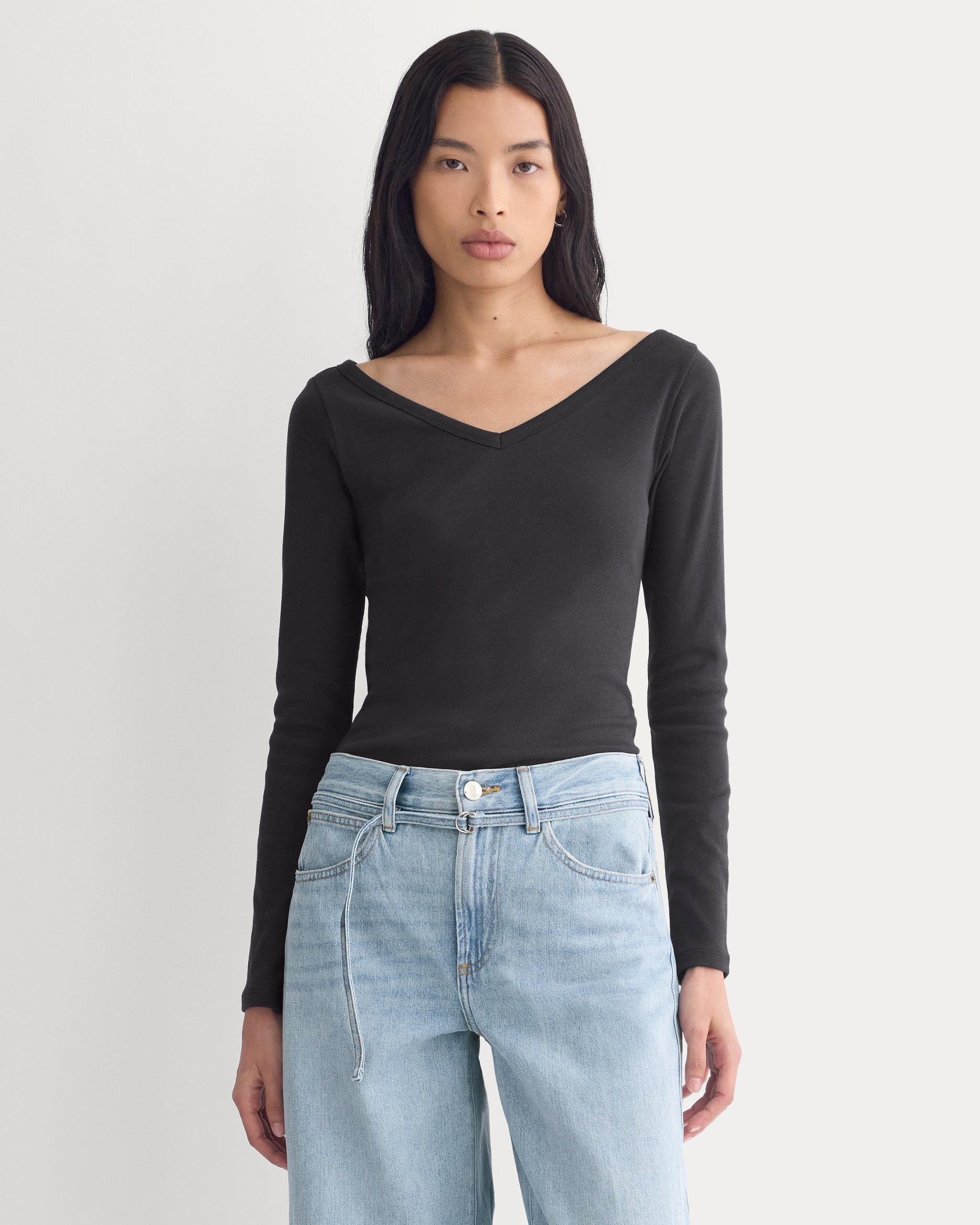 RetroSoft Cotton Wide V-Neck Top | Black