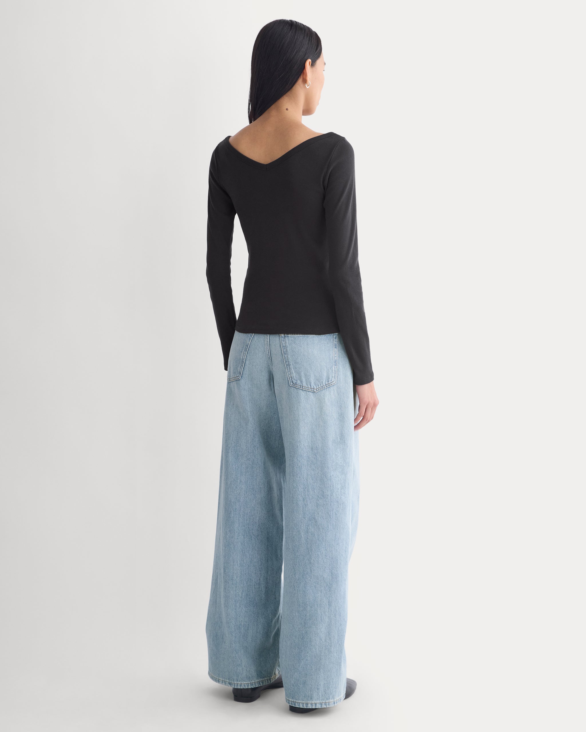 RetroSoft Cotton Wide V-Neck Top | Black