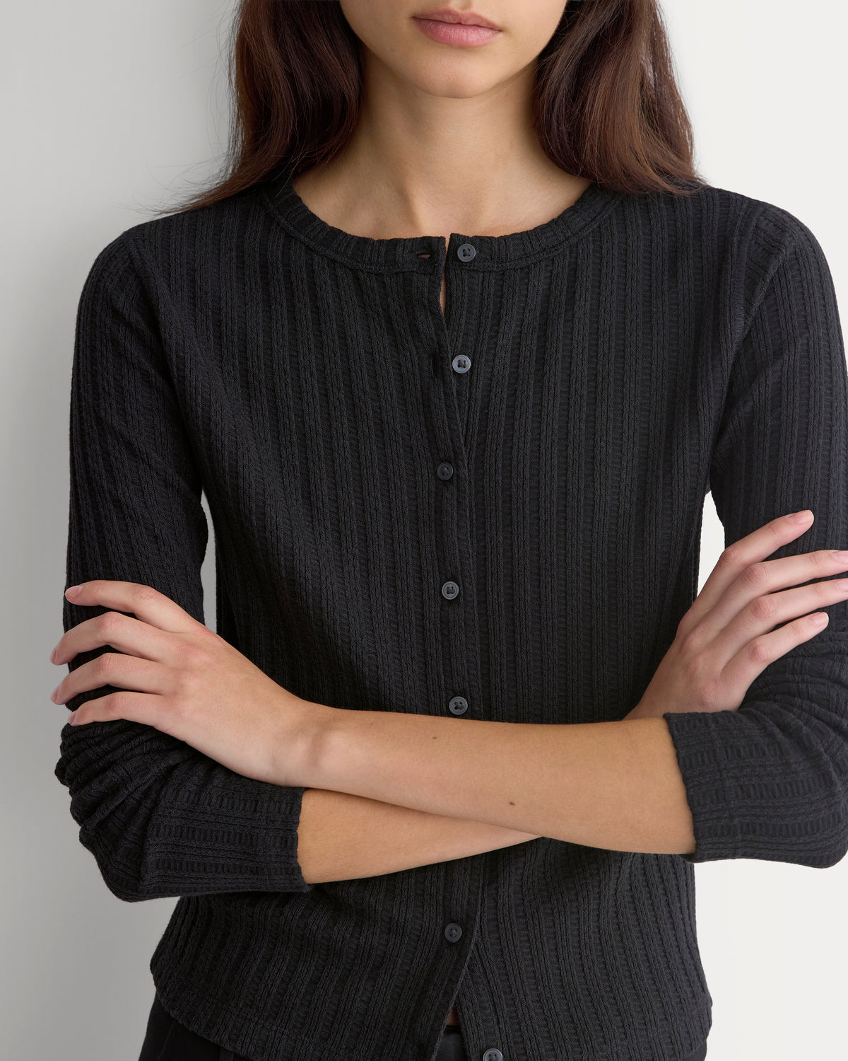 Pointelle Rib Cardigan - Black | Black