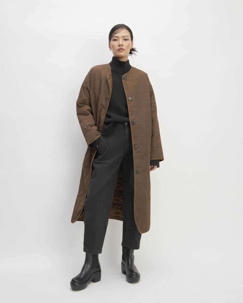 ジャケット・アウター STRETCH POLYESTER LONG LINER COAT The ReNew Quilted Long Liner | Cocoa – Everlane