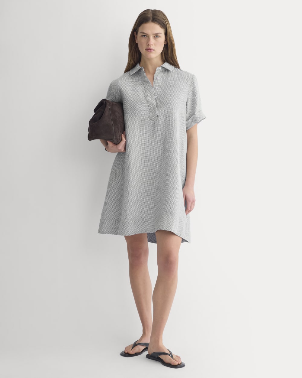 Everlane Mini Popover Shirtdress, Linen, Agave/Bone, Size XS Everlane Mini Popover Shirtdress, Linen, Agave/Bone, Size XS