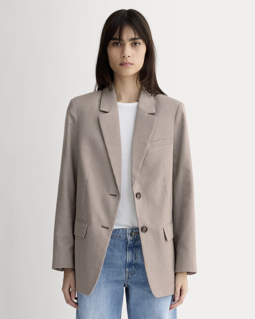 womens-tencel-oversized-blazer-deep-taupe-mini-gingham | primary