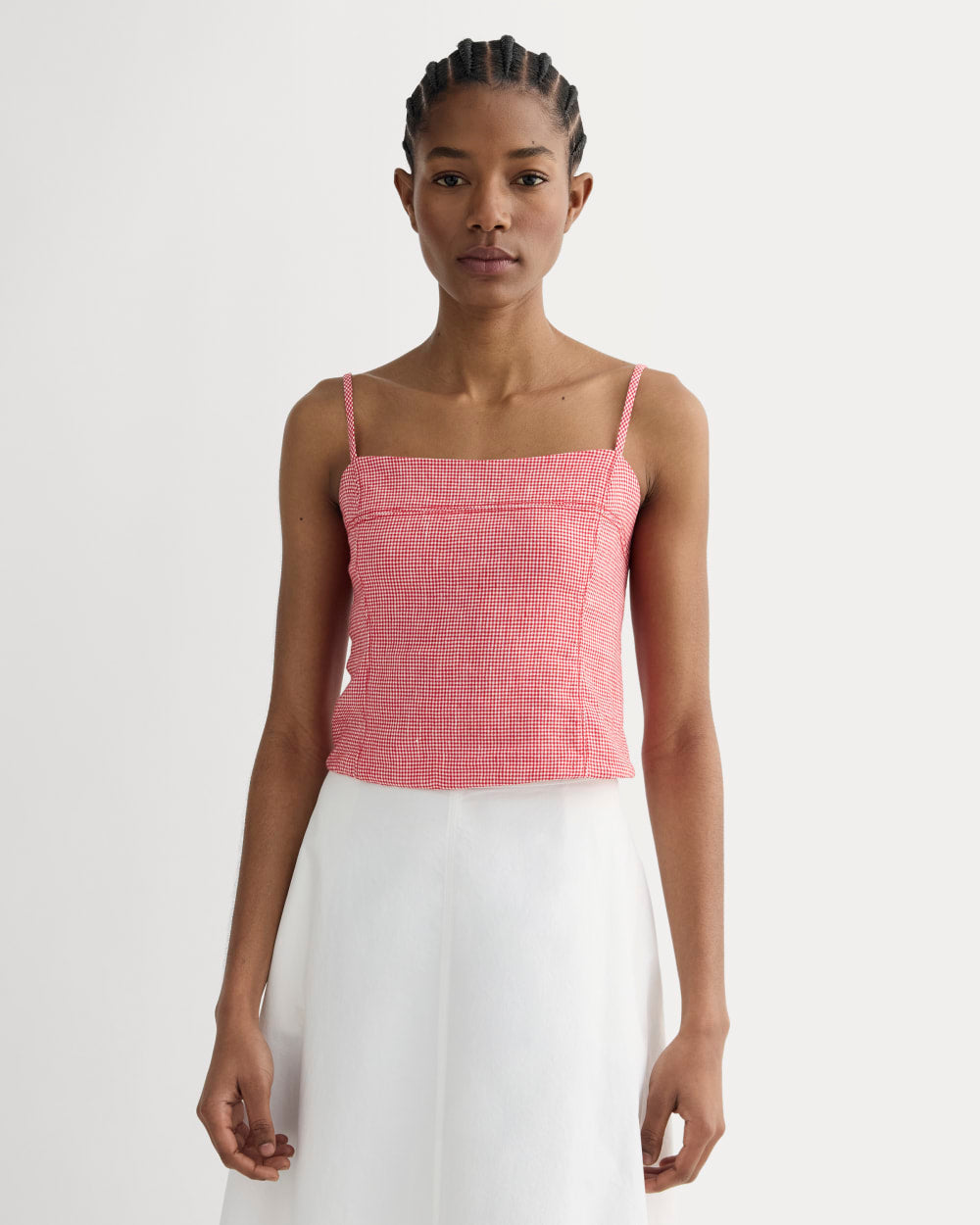 womens-seamed-top-stretch-linen-red-gingham | primary