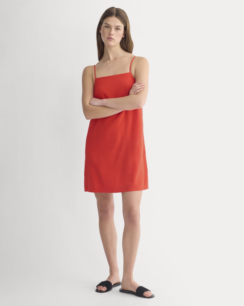 Mini Shift Dress in Stretch Linen | Fiery Red Everlane Mini Shift Dress in Stretch Linen | Fiery Red Everlane