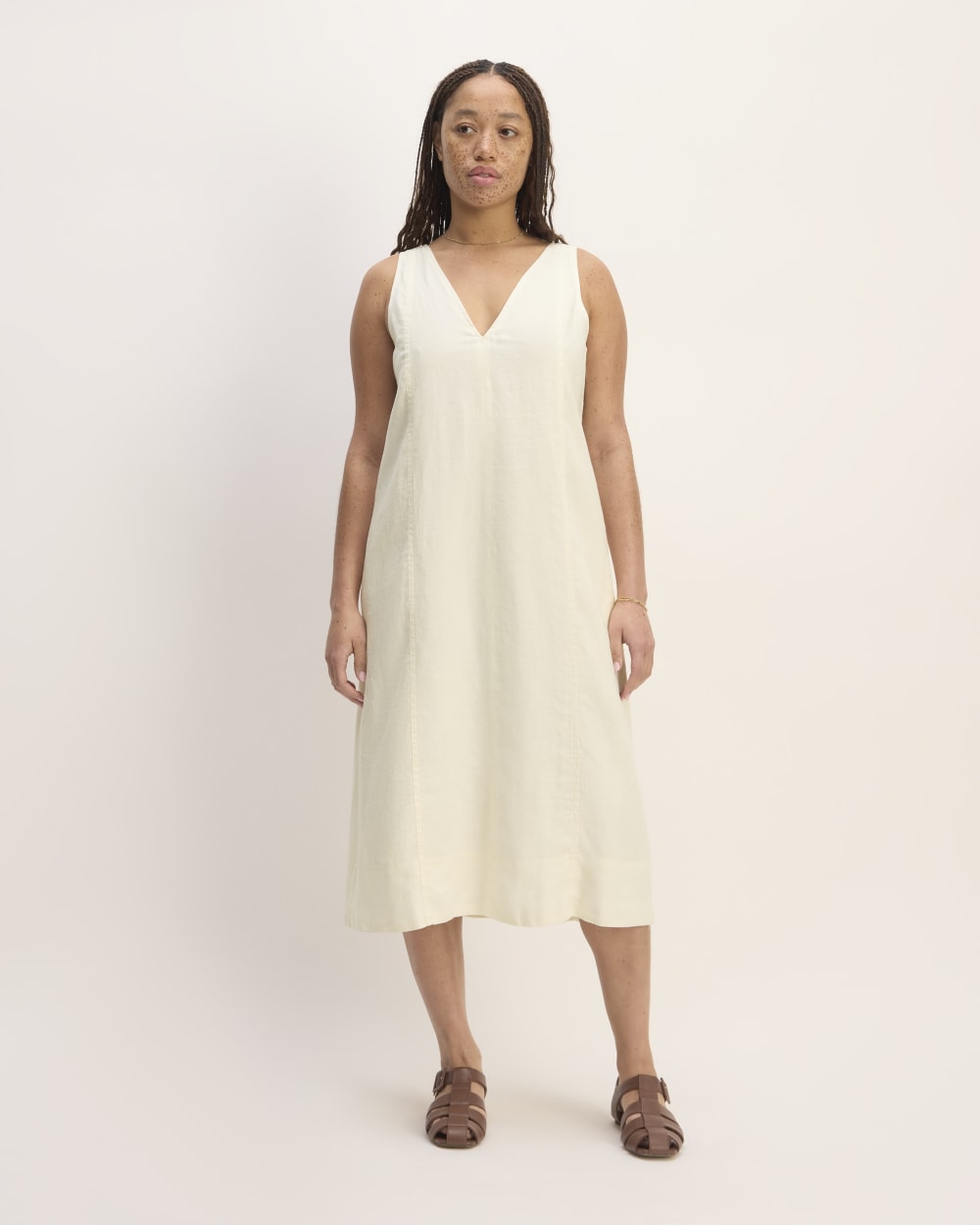 womens-linen-v-neck-midi-dress-bone | primary