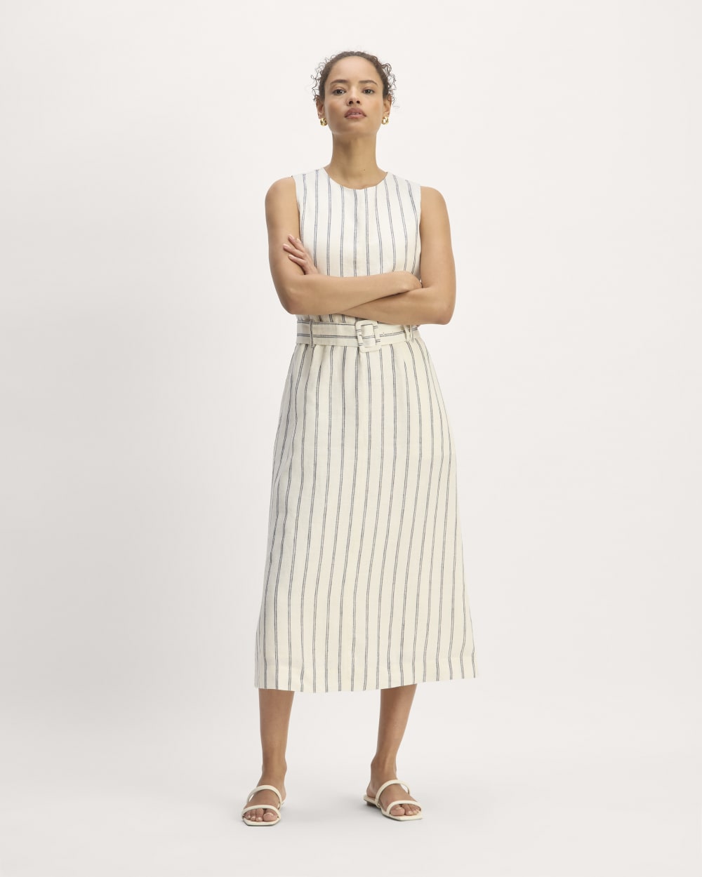 womens-linen-belted-midi-dress-bone-navy | primary