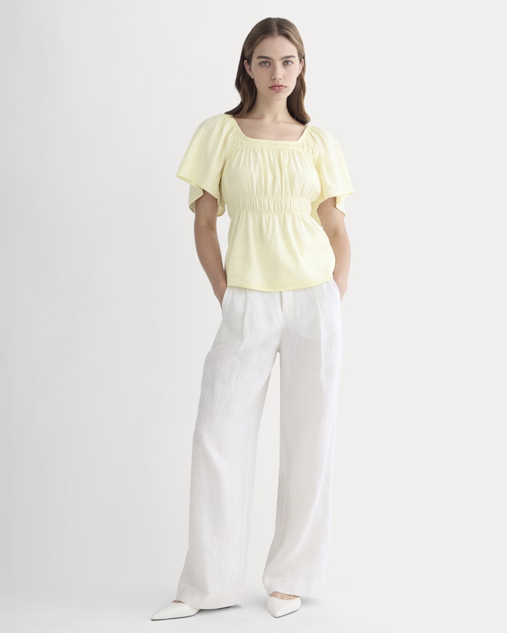 womens-flutter-sleeve-top-stretch-linen-light-yellow