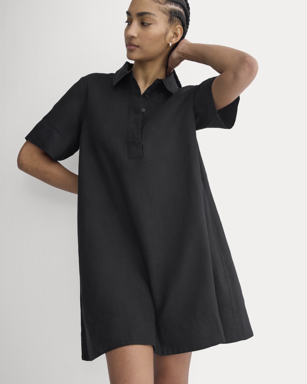 Everlane Mini Popover Shirtdress, Linen, Black, Size XL