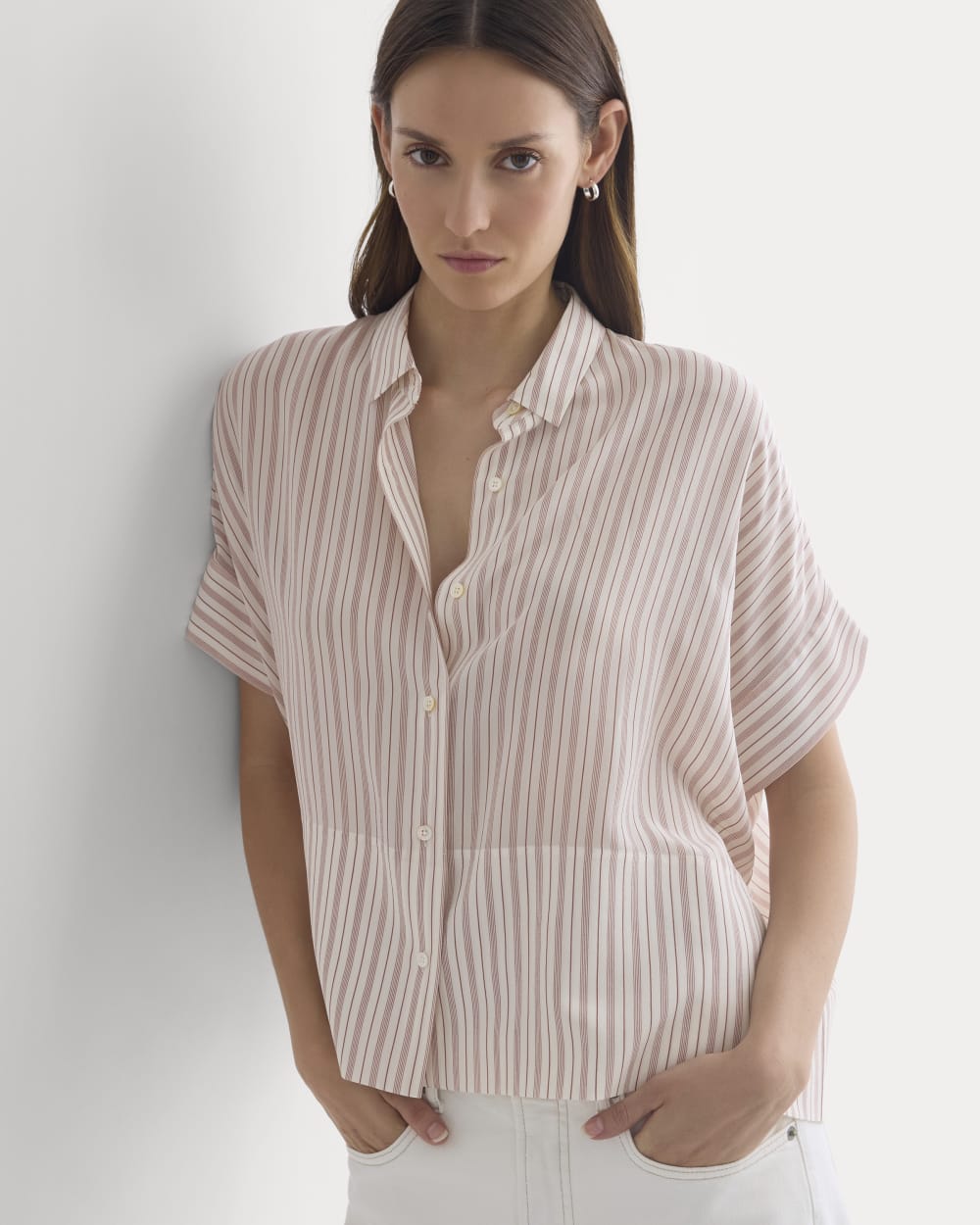 Everlane Boxy Shirt, Washable Silk, Bone/Rose, Size 2