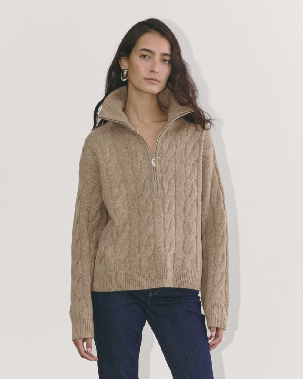 マロン The Cable Half-Zip in Luxe Merino | Oat Melange – Everlane