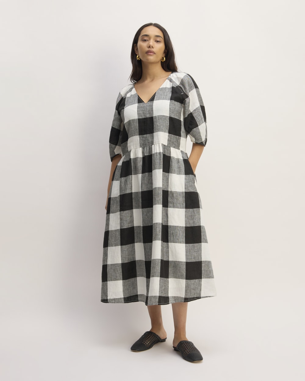 womens-linen-oversized-puff-sleeve-dress-bone-black-check | primary