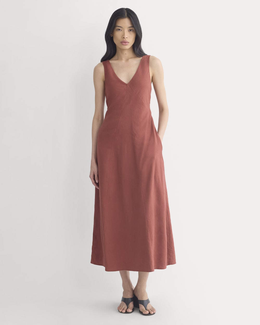 Everlane Deep V Seamed Dress, Stretch Linen, Henna Red, Size 14, Viscose/Linen