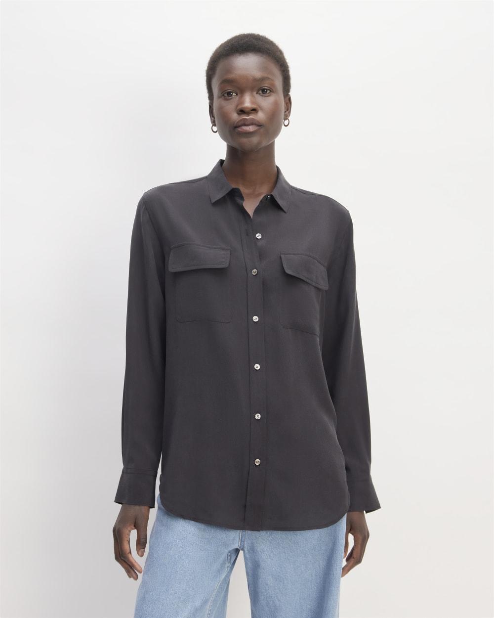 black silk dress shirt womens Argent Collared Shirt in Matte-side Silk Satin | Black | Women's Tops