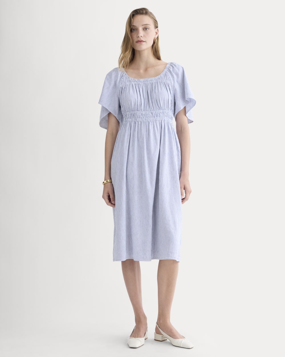 The Flutter-Sleeve Dress in Stretch Linen | White / Dutch Blue Everlane The Flutter-Sleeve Dress in Stretch Linen | White / Dutch Blue Everlane