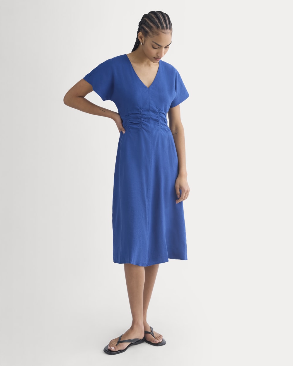 Cinched Dress in Stretch Linen | Estate Blue Cinched Dress in Stretch Linen | Estate Blue