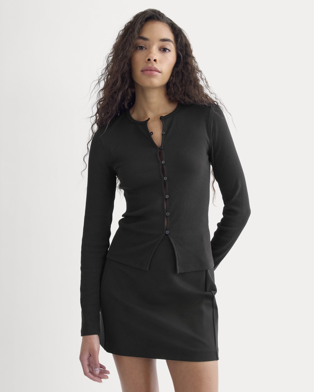 womens-luxe-rib-button-up-top-black | primary