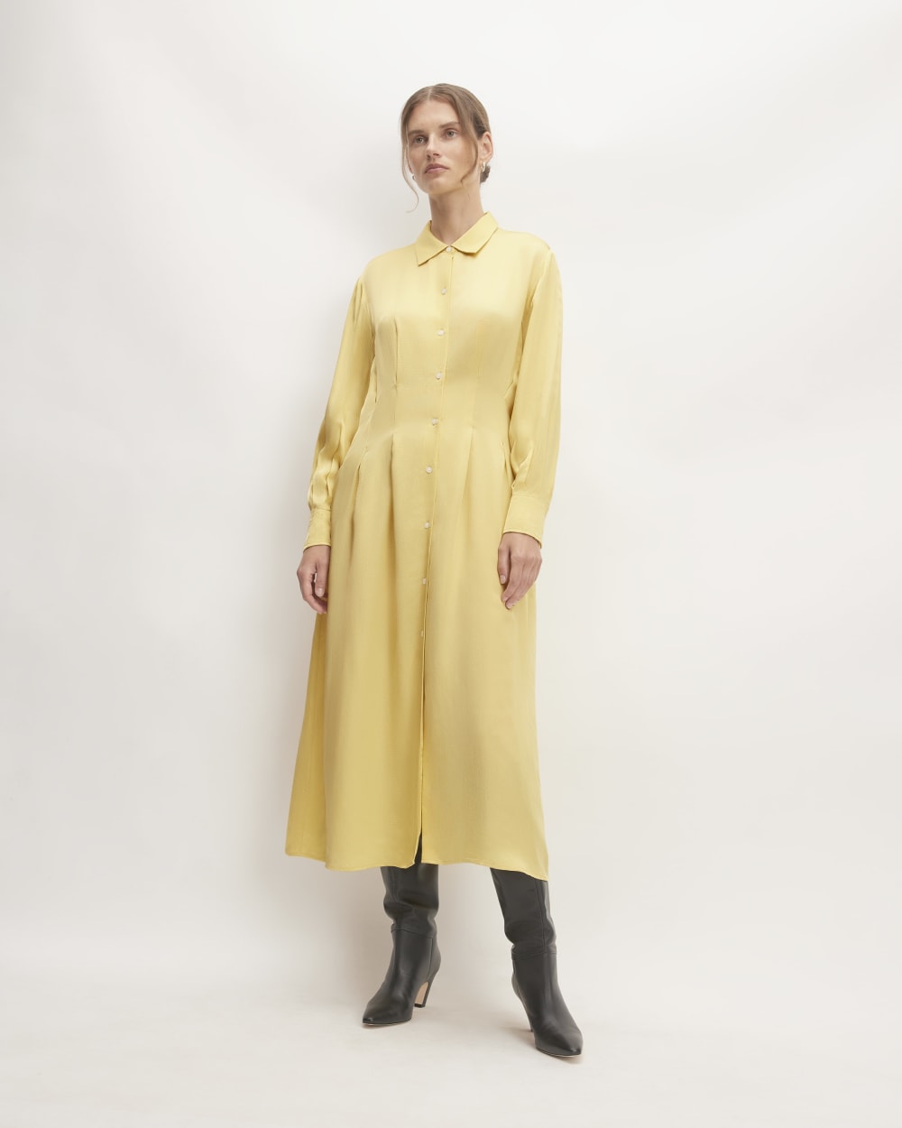 The Hammered Satin Shirt Dress | Raffia Everlane The Hammered Satin Shirt Dress | Raffia Everlane