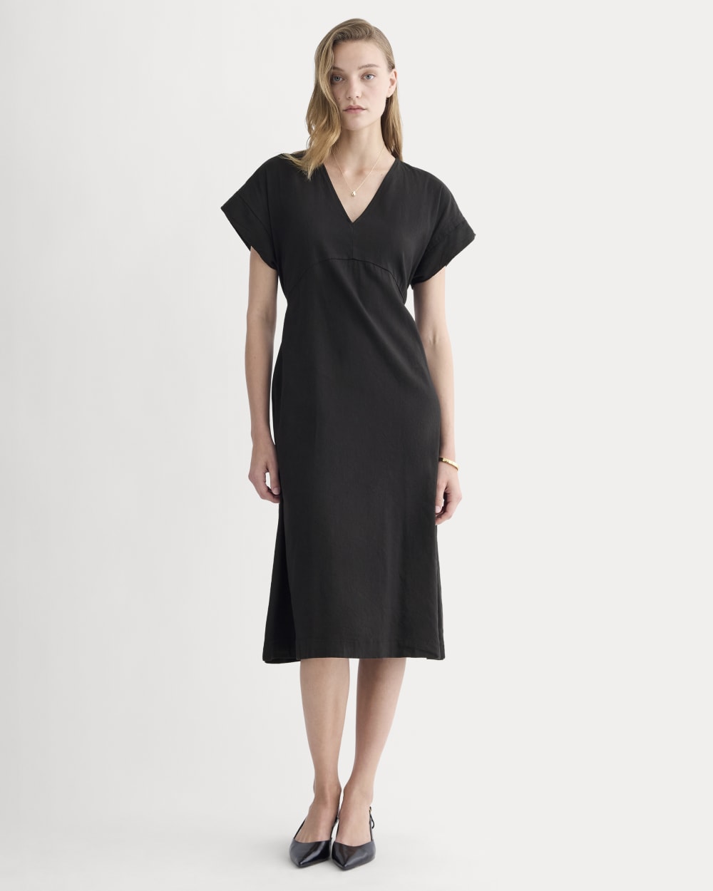 womens-tie-back-dress-stretch-linen-black | primary