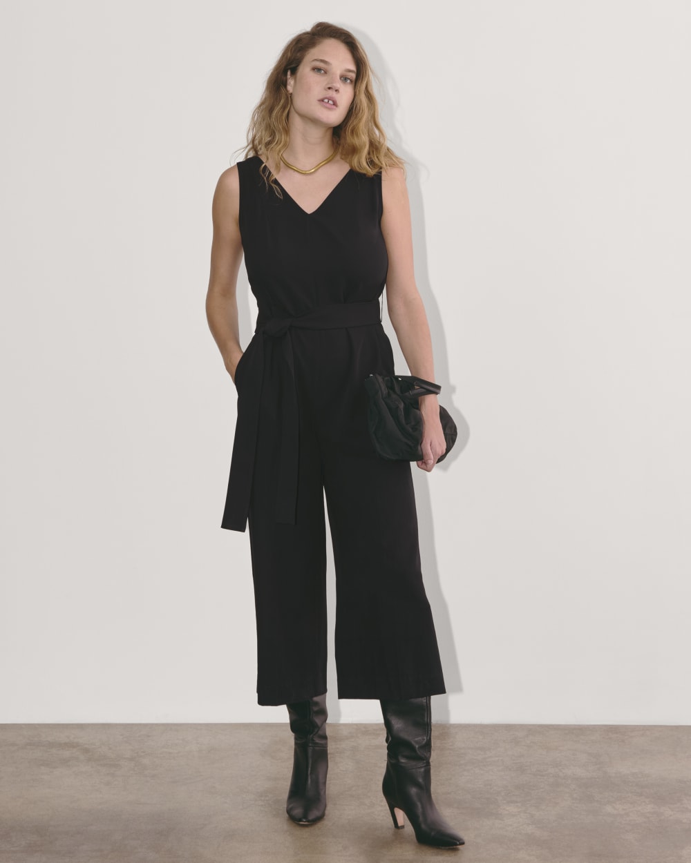 womens-triacetate-belted-jumpsuit-black | primary