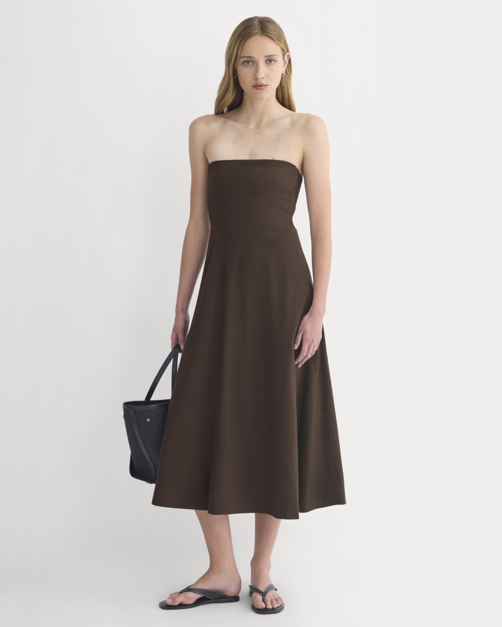 womens-strapless-dress-in-stretch-linen-dark-brown | primary
