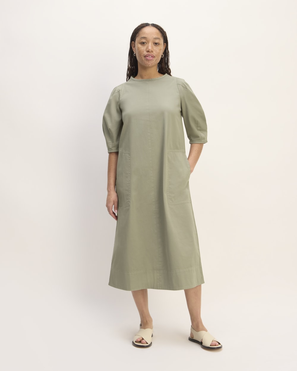 Everlane Short-Sleeve Puff Midi Dress in Sage Green, Size XXS, Cotton/Elastane Everlane Short-Sleeve Puff Midi Dress in Sage Green, Size XXS, Cotton/Elastane