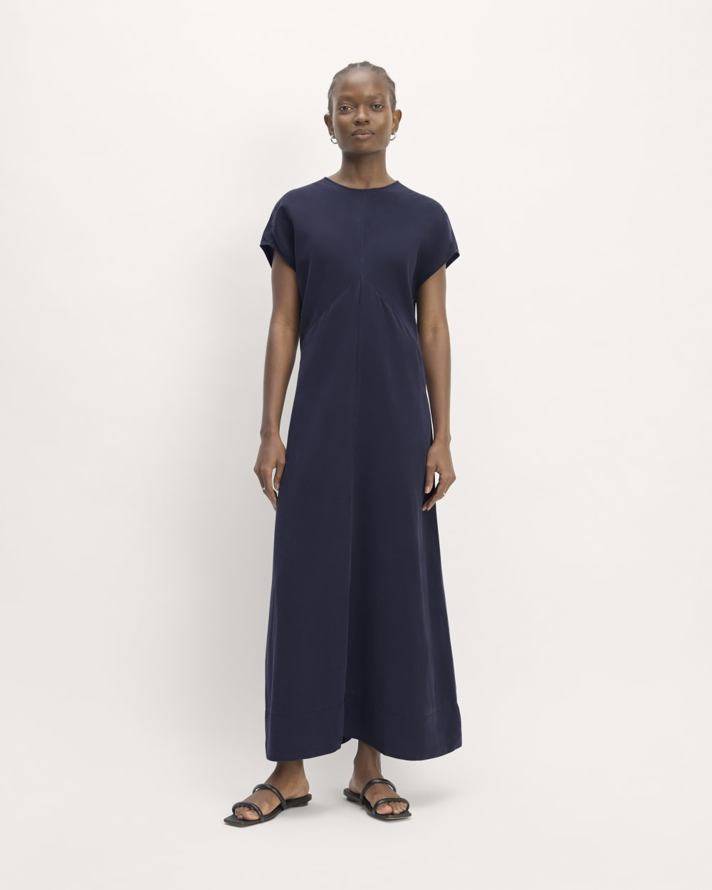 The TENCEL Short-Sleeve Midi Dress | Navy Everlane The TENCEL Short-Sleeve Midi Dress | Navy Everlane