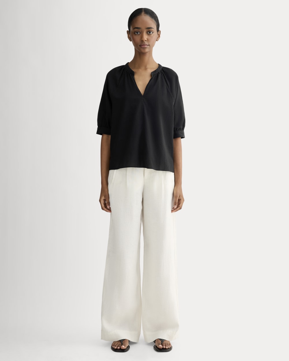 womens-gauze-gathered-top-black
