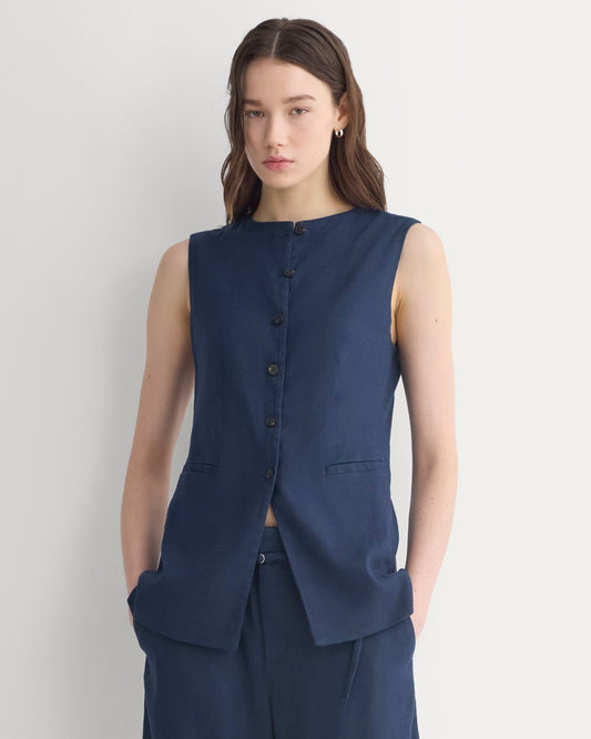 womens-long-vest-in-stretch-linen-navy | primary