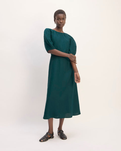 The Linen Short-Sleeve Scoop Midi Dress