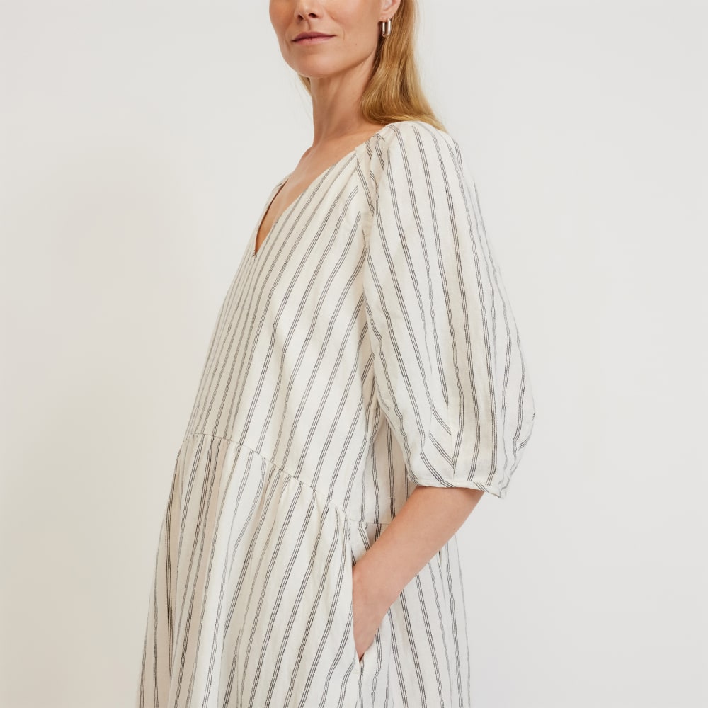 womens-linen-puff-sleeve-dress-black-canvas-tan