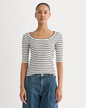 The Luxe Rib Scoop-Neck Tee | Bone / Black