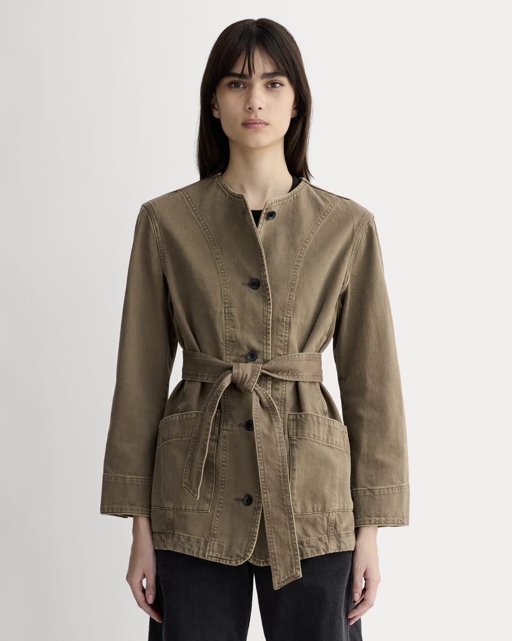 womens-long-denim-barrel-jacket-garment-dyed-chocolate | primary