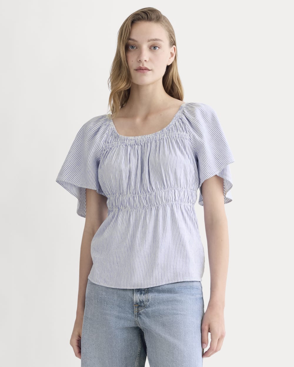 womens-flutter-sleeve-top-stretch-linen-white-dutch-blue | primary