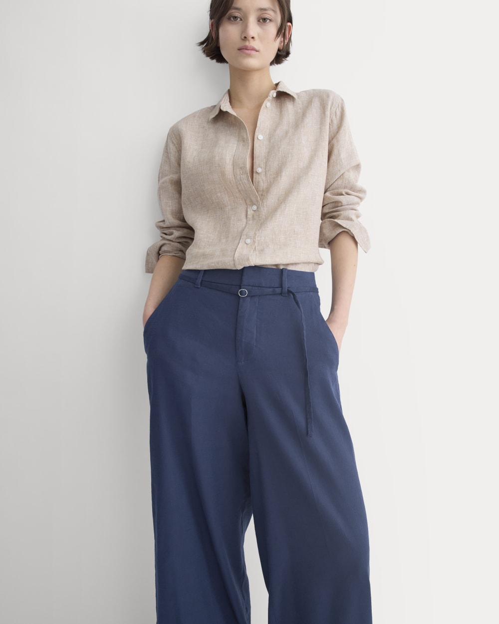Wide-Leg Belted Pant in Stretch Linen | Navy | Regular – Everlane