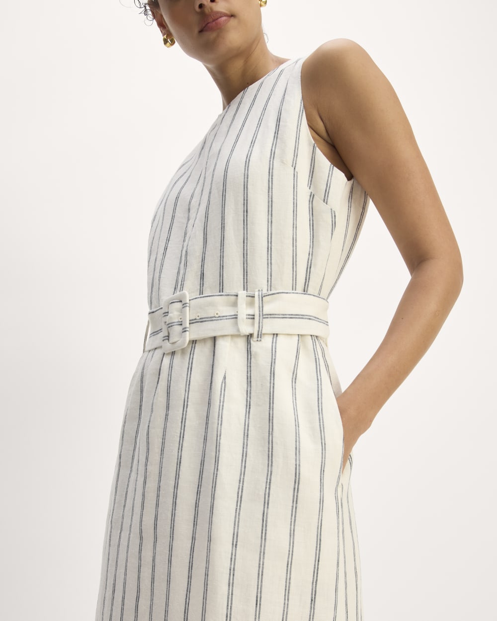 The Linen Belted Midi Dress | Bone/Navy Everlane The Linen Belted Midi Dress | Bone/Navy Everlane