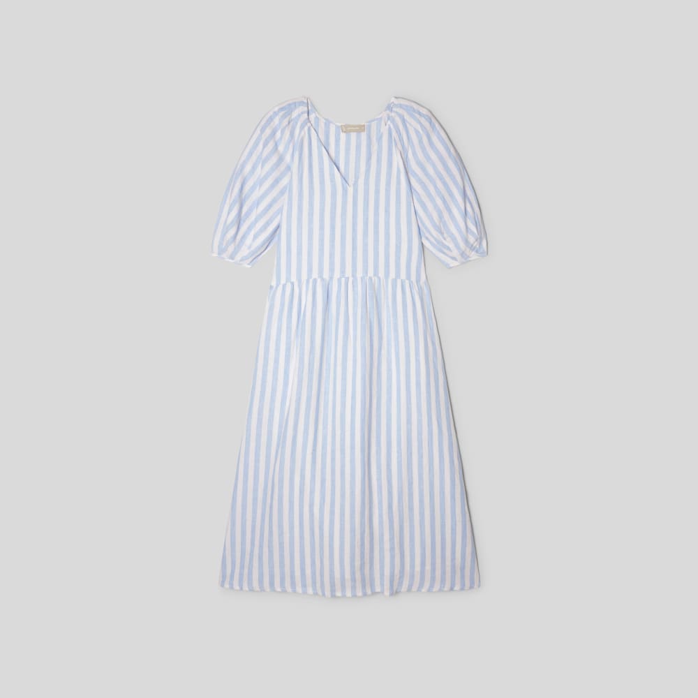 womens-linen-puff-sleeve-dress-blue-white | alt