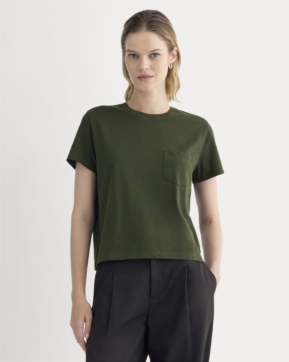 womens-organic-cotton-box-cut-pocket-tee-dark-green | primary