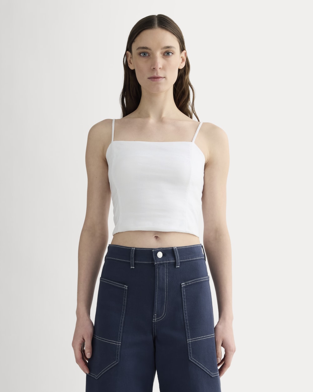 womens-seamed-top-stretch-linen-white | primary