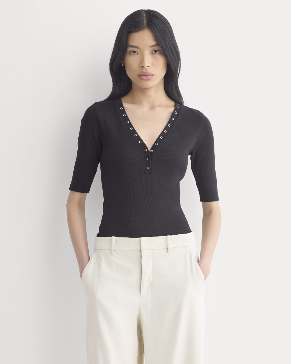 womens-luxe-rib-v-neck-henley-black | primary