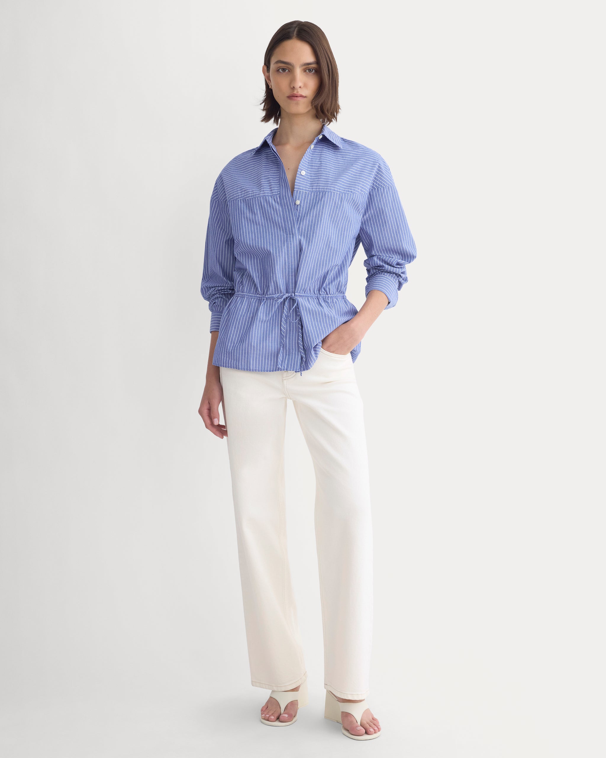 Oversized Cinched Shirt in Ultrasoft Cotton | Mazarine Blue / Optic White