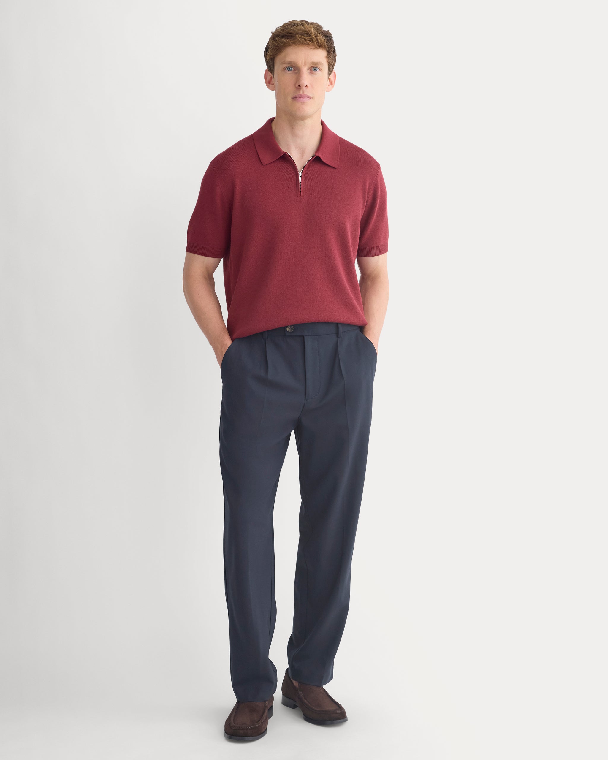 No-Sweat Textured Zip Polo | Cabernet