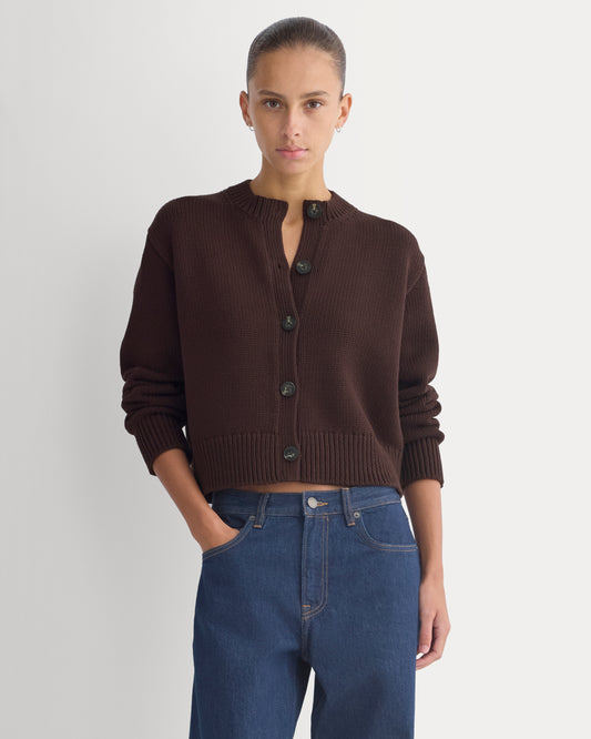Shrunken Crew Cardigan in Elevated Cotton | Coffee Bean