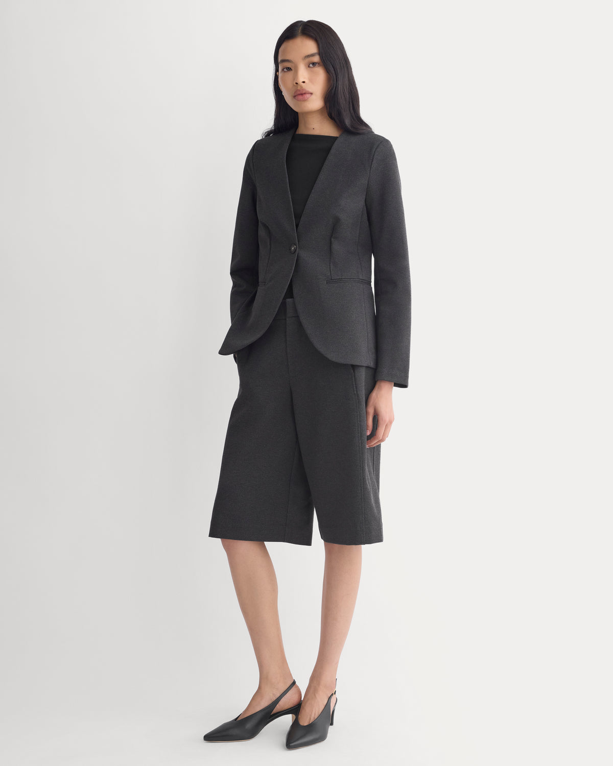 Collarless Ponte Blazer | Heathered Soot